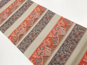 横段に草花・蝶模様織出し全通袋帯